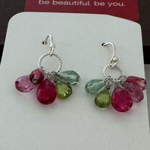 Anna Bakan Silver Earrings with Pink, Green, and Blue Accents. Small hanging